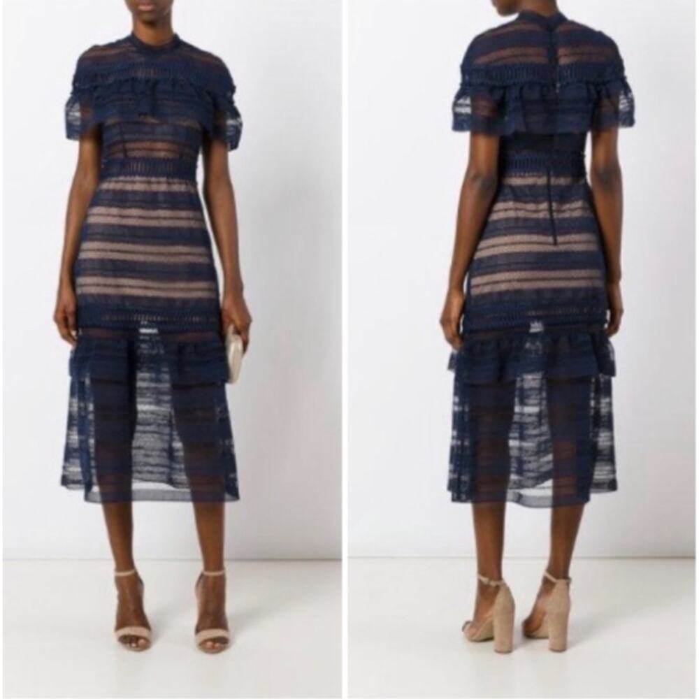 Self Portrait Yoke Frill Midi Lace Dress Blue Womens Size 2 New